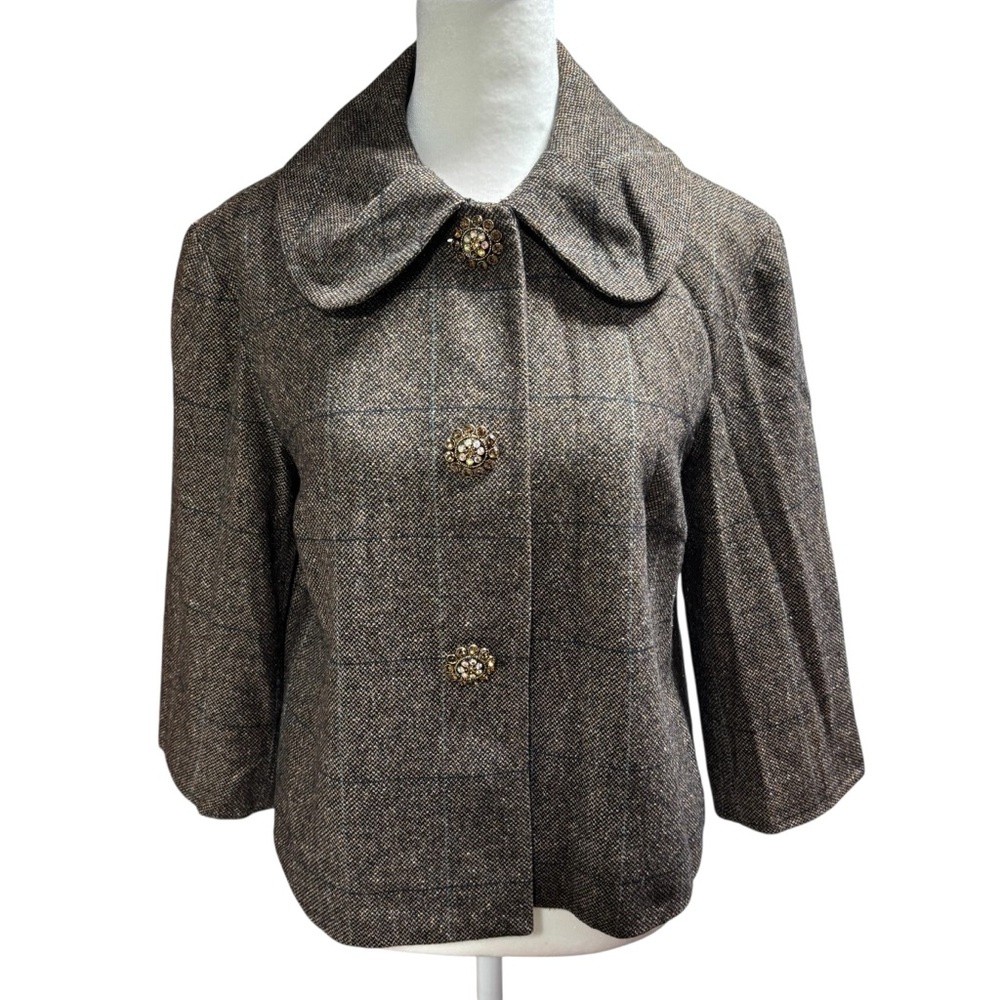 Tailor New York Brown Tweed‎ Windowpane Blazer Jeweled Buttons  Sz 6 #BIN